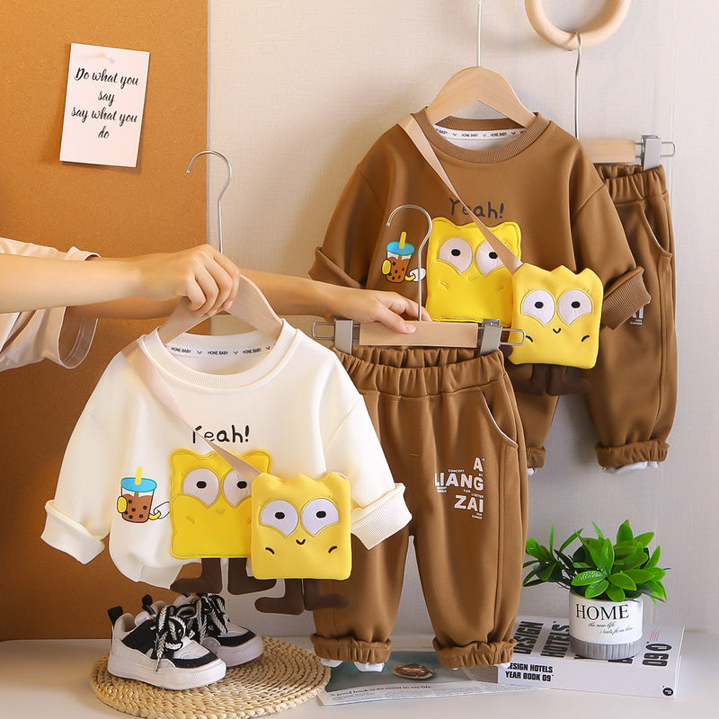 Long Sleeve Baby Children's Clothing Spring Foreign Trade Wholesale 2025 New Cartoon Bag Sweatshirt Boys and Girls Set Autumn Outfit