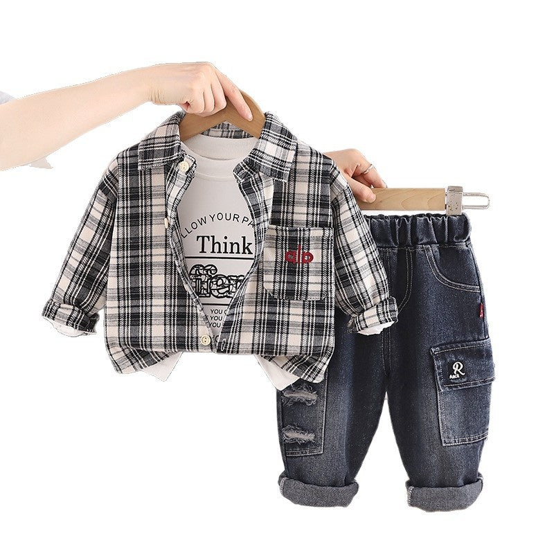 Boys' Suit 2026 New Korean Style Casual Wear for Children Spring and Autumn Plaid Shirt Cardigan Three-Piece Set Wholesale