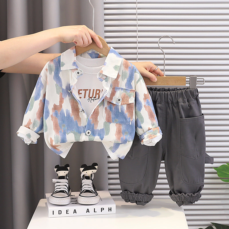 Boys' Casual Tie-Dye Pocket Three-Piece Outfit, Stylish Fashionable and Autumn Baby Children's Spring Clothing Trend