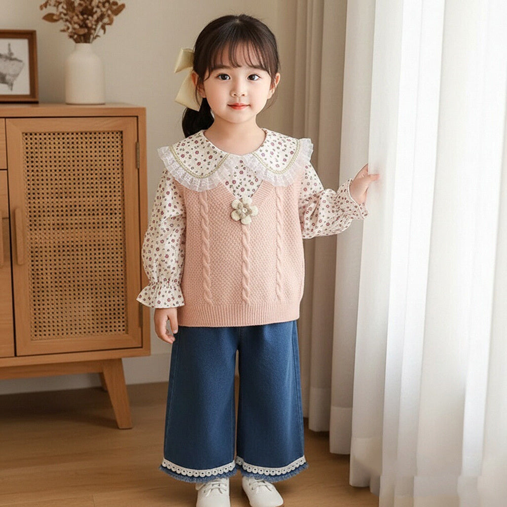 Girls' Floral Sweater Set for and Autumn 2026 New Fashionable Korean Style Baby Girl Spring Outfit