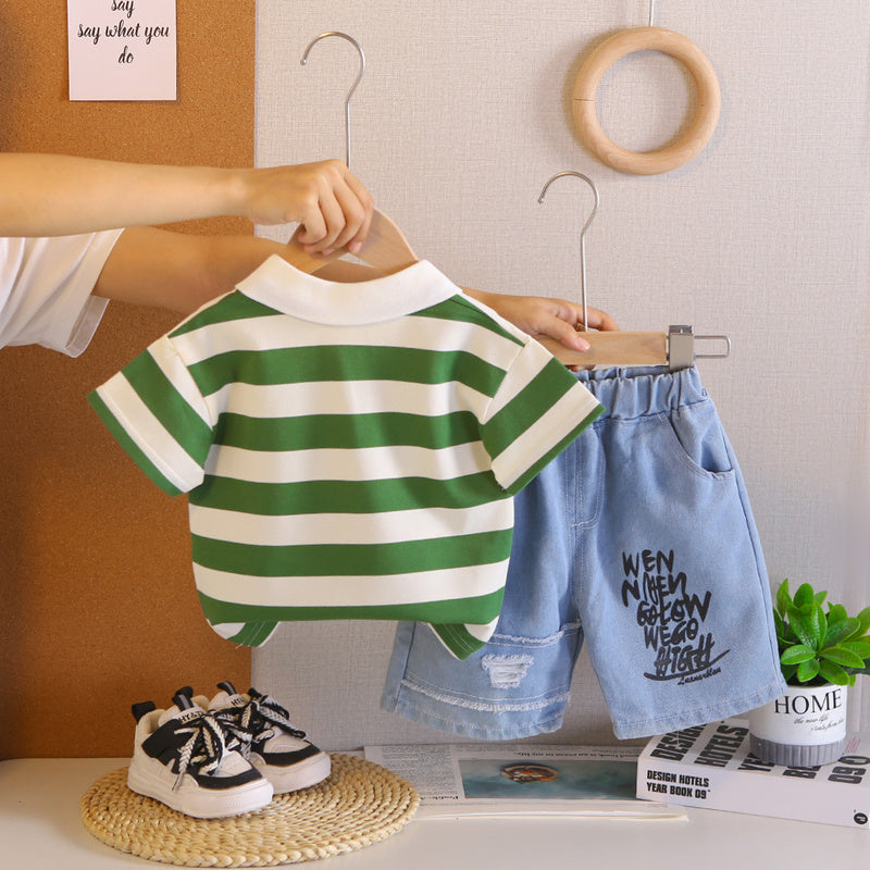 Boys' Short-Sleeve Set 2026 New Striped Hat Smiley Baby Summer Infant and Toddler Two-Piece Outfit