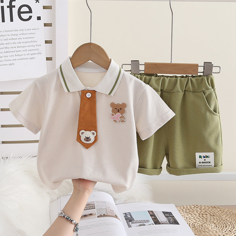 Boys' Summer Outfit 2026 New Fashionable Baby Bear Tie Placket Short Sleeve Two-Piece Set Infant Children's Clothing
