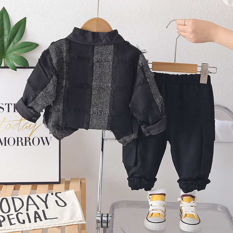 Boys' trendy and autumn style, children's fluffy plaid clothing, stylish baby outfit, two-piece spring outfit for boys