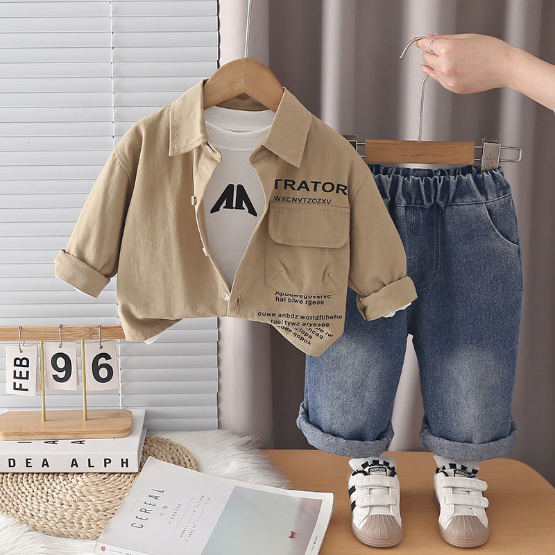 Boys' Outfit 2026 New Fashionable Children's Autumn Clothing Baby Korean Style Solid Color Letter Jacket Three-Piece Set Trendy