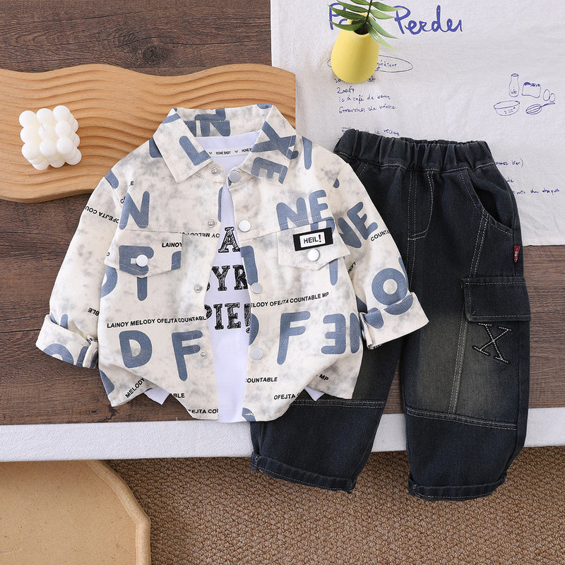 Children's Autumn Outfit 2026 New Style Boys' Stylish Full-Body Letter Print Clothes Toddler Baby Three-Piece Set Wholesale