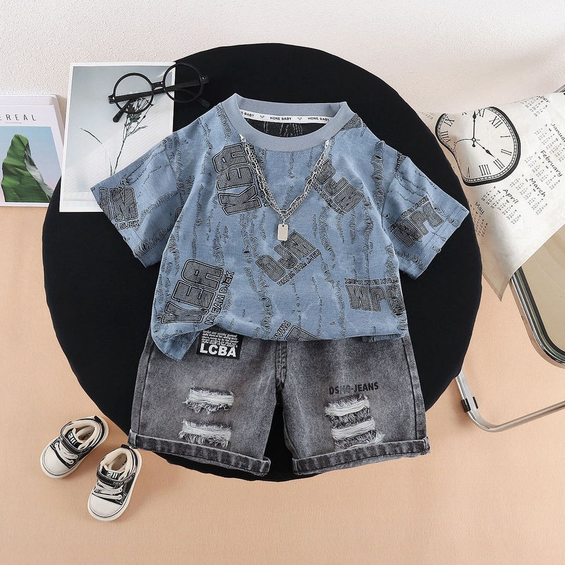 2026 New Summer Outfit for Boys Fashionable Children's Clothing Full Print Hanging Chain Letter Short Sleeve Denim Shorts Two-Piece Set