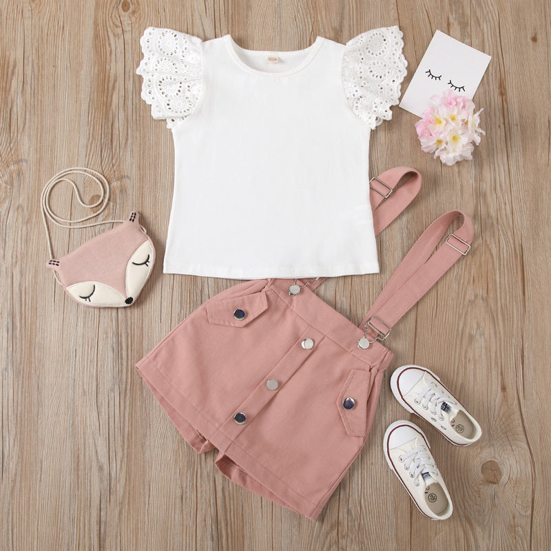 2022 European and American cross-border new children's clothing: solid color hollowed-out fly-sleeve round-neck top with detachable suspender shorts-skirt