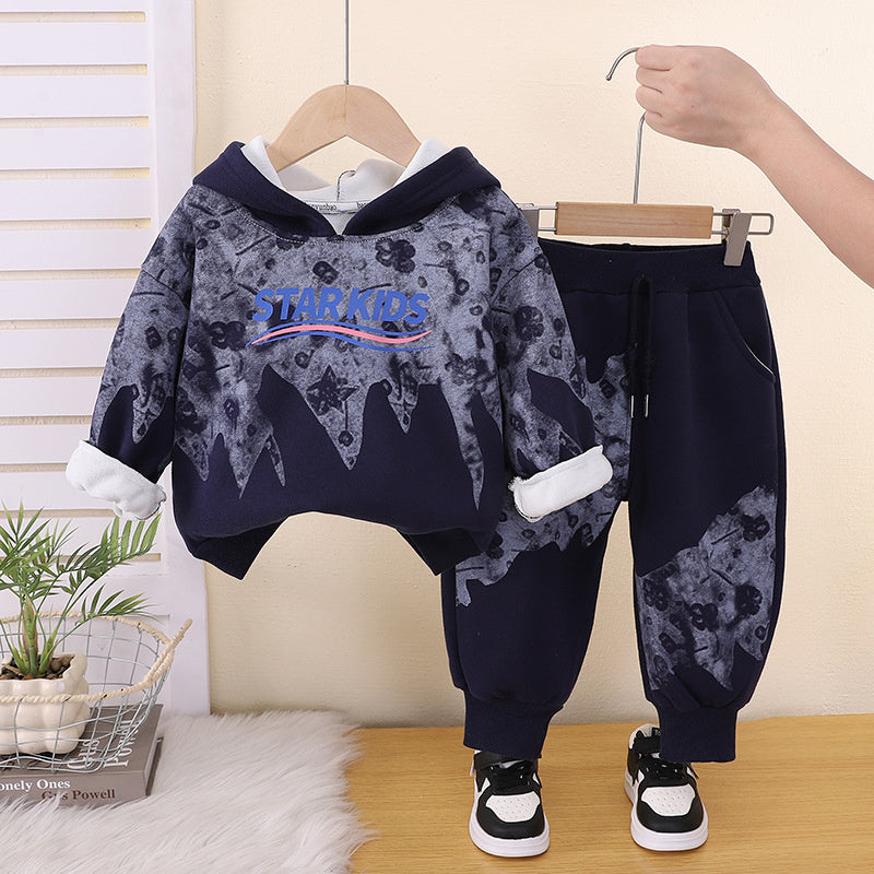 Boys' Autumn and Fleece-Lined 2026 New Fashionable Children's Outfit Boys, Winter Sweatshirt Two-Piece Set for Boys