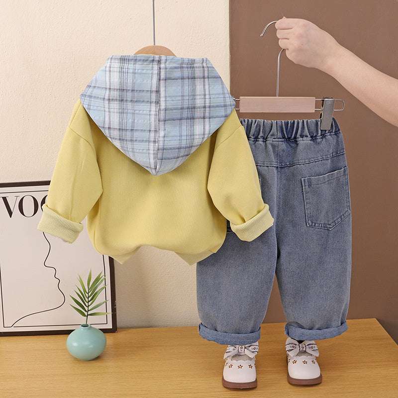 Boys' Outfit: Children's Plaid Letter Hoodie Jeans Two-Piece Set for 1-3 Year Olds, Spring and Autumn Clothing