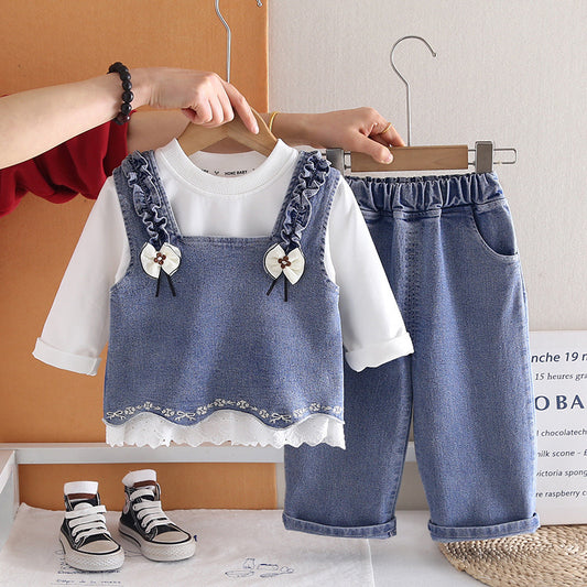 Girls' Spring Outfit Set 2026 New Korean Style Children's Embroidered Hem Vest Three-Piece Princess Baby Girl Clothes