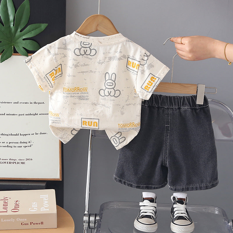 Boys' 2026 New Fashionable Children's Summer Outfit with Letter and Rabbit Print Short-Sleeve Two-Piece Set