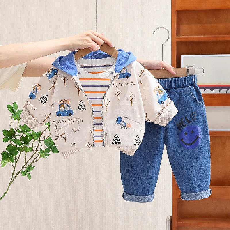 Boys' Autumn Outfit New Korean Version Zipper Hoodie Jacket Baby Stylish Three-Piece Set Wholesale Children's Clothing