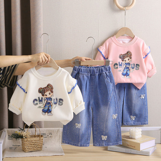 Girls' Fashionable Outfit Children's Korean Style Casual Sweatshirt Two-Piece Set, Baby Girl Cartoon Clothes for Spring and Autumn