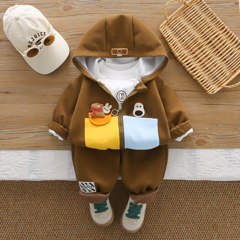 New Outfit Boys: Stylish Baby Three-Piece Set with Double Pockets Cartoon Hooded Jacket for Infants Children in Spring and Autumn