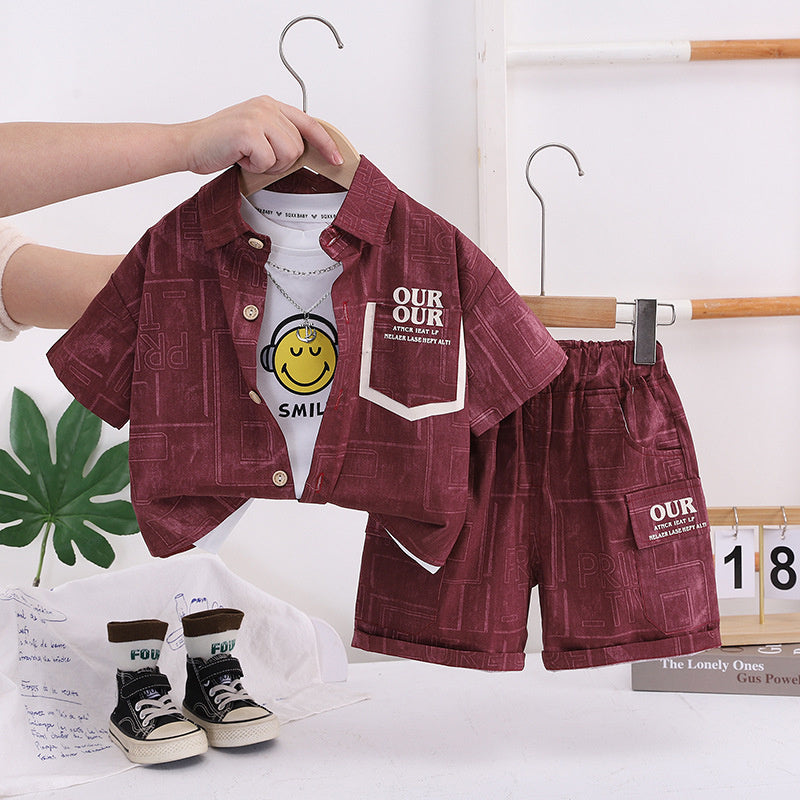 Children's Summer Fashionable Outfit 2026 New Style for Young Boys, Pocket Cardigan Short Sleeve, Baby Boy Shorts Three-Piece Trendy Set