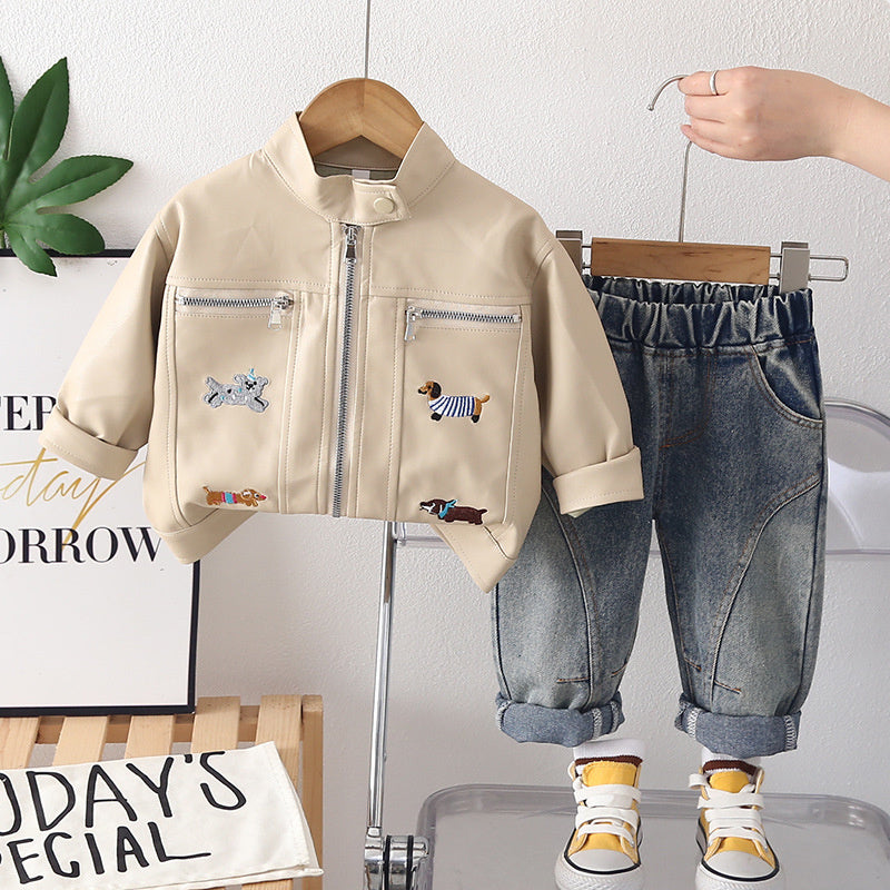 Boys' and Autumn Stand-Collar Leather Jacket Two-Piece Set, Stylish Children's Clothing for 1-Year-Old Boys, Trendy Spring Outfit