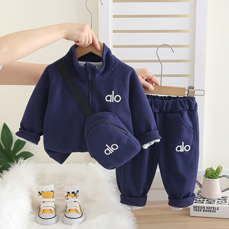 Trendy Boys Girls Crossbody Bag Half-Zip Spring and Autumn Sweatshirt Set 2025 New Children's Casual Sports Stylish Clothes
