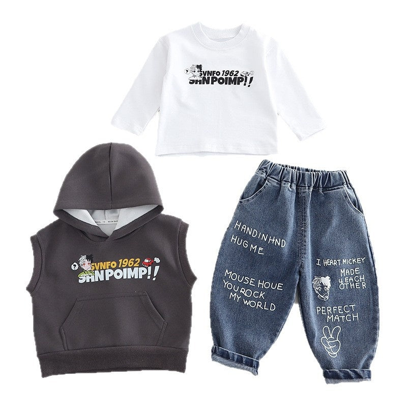 Boys' Outfit 2025 New Children's Hooded Vest Three-Piece Set for 1 to 4 Year Old Baby Boys Spring and Autumn