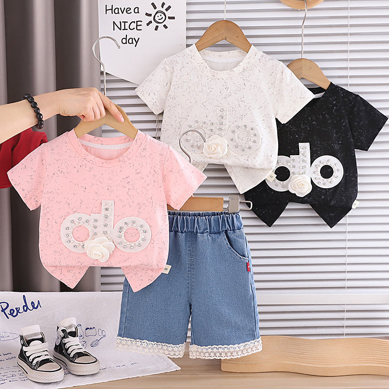 Girls' Summer Outfit 2026: Baby with Rhinestone Letters, Short-Sleeve Denim Shorts, New Trendy Two-Piece Set