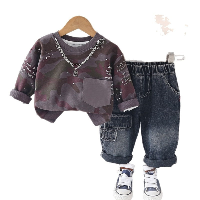 Outfit 2026 New Children's Camouflage Sweatshirt Boys' Spring and Autumn Sporty Stylish Baby Two-Piece Set