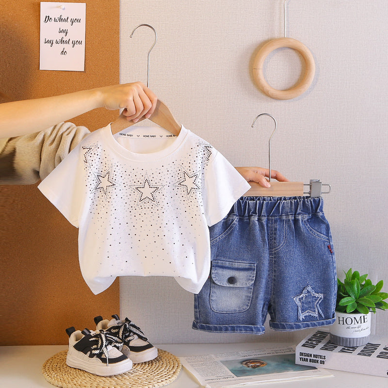 2026 Foreign Trade Summer Round Neck Rhinestone Children's Printed Thin T-shirt and Denim Two-piece Set Wholesale 3