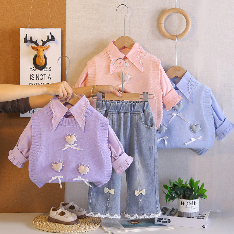 Girls' Outfit 2026 New Children's Spring and Autumn Long-Sleeve Heart Pattern Sweater Three-Piece Set for Young Children