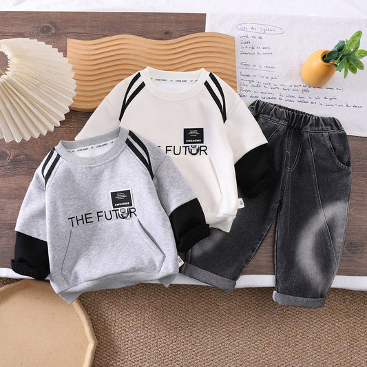 Boys' Round Neck Pocket Sweatshirt 2026 New Spring and Autumn Style Children's Casual Sports Two-Piece Set