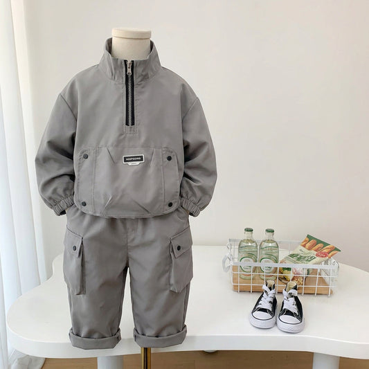 Boys' Autumn Outfit Set 2026 New Fashionable Children's Long-Sleeve Half-Zip Large Pocket Two-Piece Spring/Autumn Clothing Trendy
