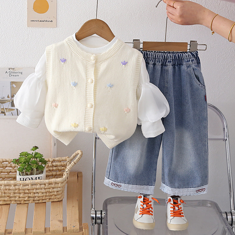 Girls' Outfit for and Autumn 2026 New Fashionable Children's Spring Clothing Baby Girl Floral Sweater Vest Three-Piece Set