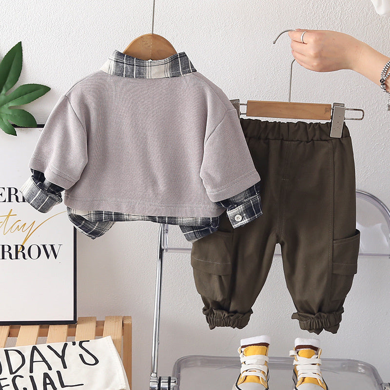 Boys' outfit, plaid color-block two-piece set, trendy and stylish, fashionable clothes for 2-year-old baby, spring stylish 3-piece boy's suit