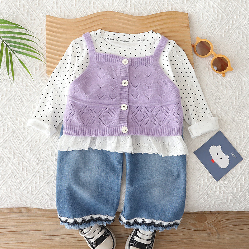 Baby Girl Outfit 2026 New Casual Stylish Children's Girls' Spring and Autumn Three-Piece Set with Camisole Sweater