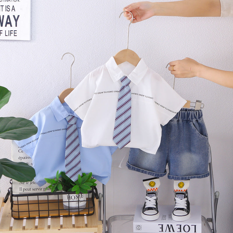Boys' Outfit 2026 New Style Children's Summer Twill Tie Short Sleeve Shirt Two-Piece Set Baby Clothes Trendy