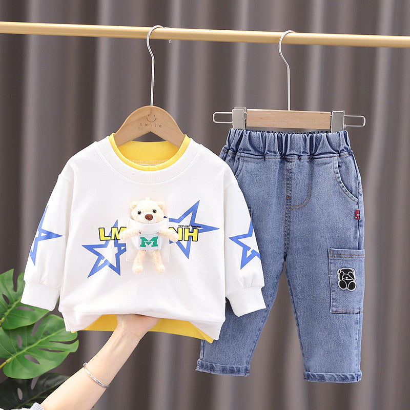 Korean Version New Spring Autumn Boys and Girls Children Baby Two-piece Cartoon Round Neck Bear Five-pointed Star Long-sleeved Children's Set