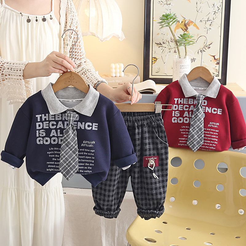 Boys' Outfit 2026 New Children's Two-Piece Set with Letter Print on Chest Tie, Baby's Spring and Autumn Casual Clothes
