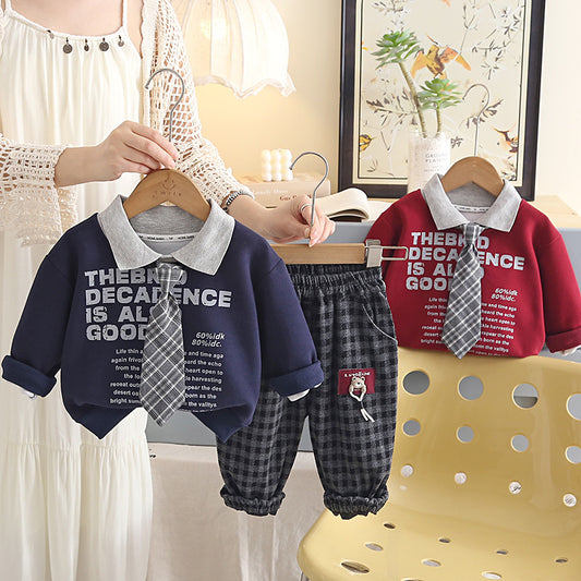 Boys' Outfit 2026 New Children's Two-Piece Set with Letter Print on Chest Tie, Baby's Spring and Autumn Casual Clothes