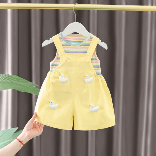 Outfit 2024 New Summer Children's Girls' Baby Colorful Striped Cartoon Overalls Short Sleeve Two-Piece Set