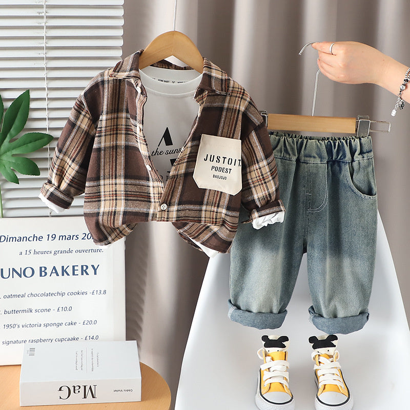 Boys' 2025 Outfit 1-2-3 Years Old Baby Color Block Shirt Jacket Children's Spring Autumn Three-Piece Set Kids' Clothing