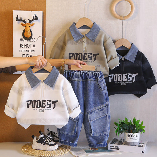 Boys' Outfit 2026 New Stylish Half-Zip Sweatshirt Set Baby Spring Fashionable and Trendy Infant Children's Clothing