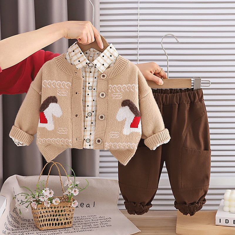 Boys' Outfit 2026 New Cool Stylish 4-Piece Sweater Cardigan Three-Piece Set Spring and Autumn Trendy Clothes for 1-Year-Old Boys