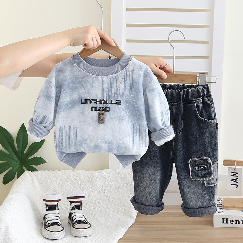 Boys' Spring Outfit Set, Spring-Autumn 2026 New Fashionable Tie-Dye Letter Sweatshirt and Pants, Stylish for Little Boys