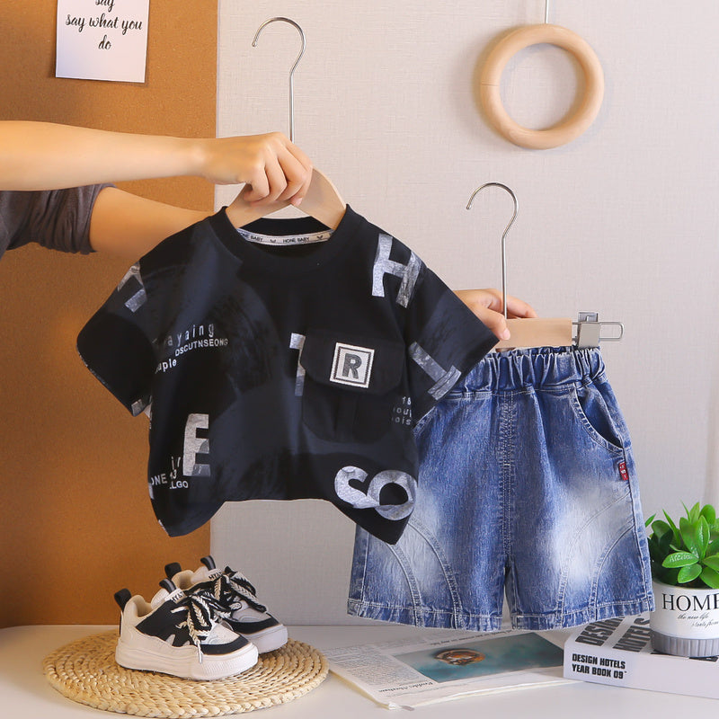 Boys' outfit 2026 new stylish baby letter pocket short-sleeve handsome infant summer two-piece set