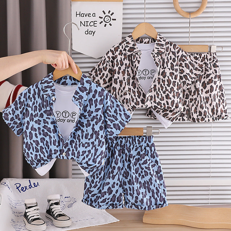 Boys' Short-Sleeve 2026 New Stylish Baby Summer Clothes Fashionable Leopard Print Three-Piece Set for Toddlers