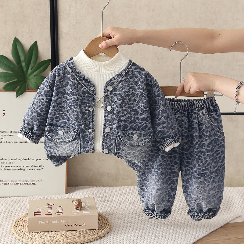 Girls' Outfit 2026 Children's Leopard Print Denim Three-Piece Set Baby Korean Style Spring and Autumn Fashion New Wholesale