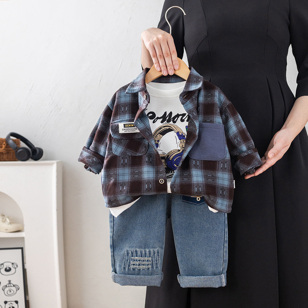 Boys' Spring Three-Piece Set with Earphone Plaid Shirt, 1-2-3-5 Years Old Toddler Outfit, Korean Style Fashionable Baby Clothes