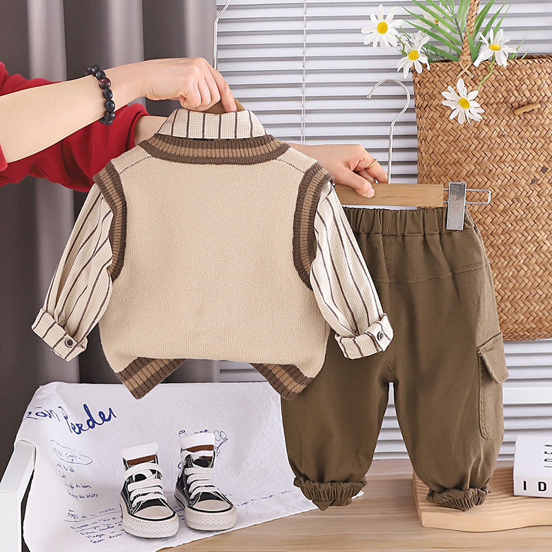 Boys' outfit set, stylish clothing for spring autumn, handsome baby children's wear, British style tie and sweater three-piece set