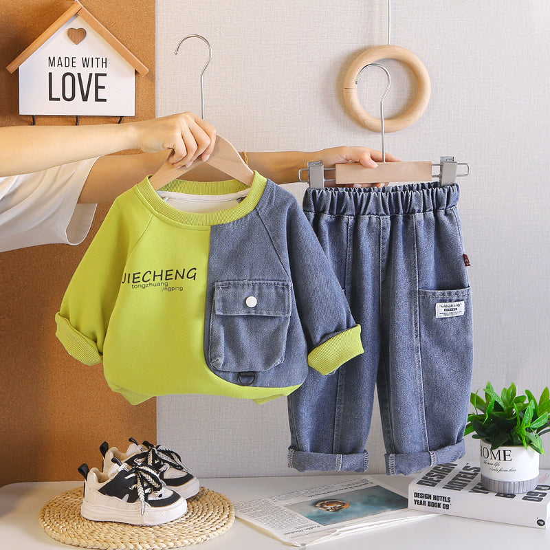 Boys' new two-piece set, stylish sweatshirt outfit, children's clothing for little boys, baby spring and autumn wear