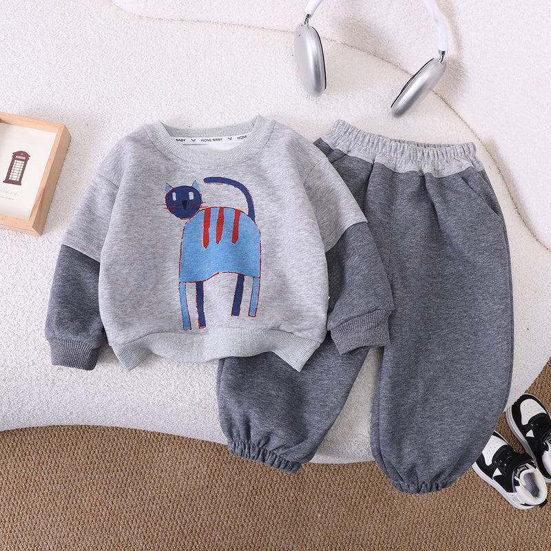 Boys' Fashionable Cartoon Kitten Patchwork Sleeve Sweatshirt Two-Piece Set Baby Autumn Stylish Infant Children's Clothing