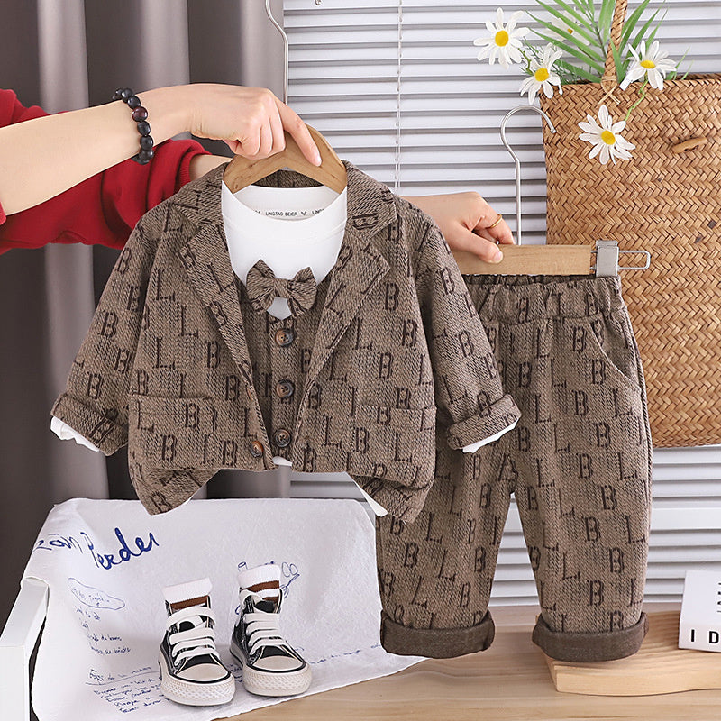 Boys' 2026 New Cool Stylish Children's Korean Version Full Letter Print Three-Piece Suit for Toddlers Spring and Autumn Trend