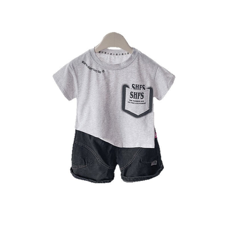Children's clothing for boys, outfit, baby pocket letter print short-sleeve set, 2026 summer style, stylish boys' children's clothes