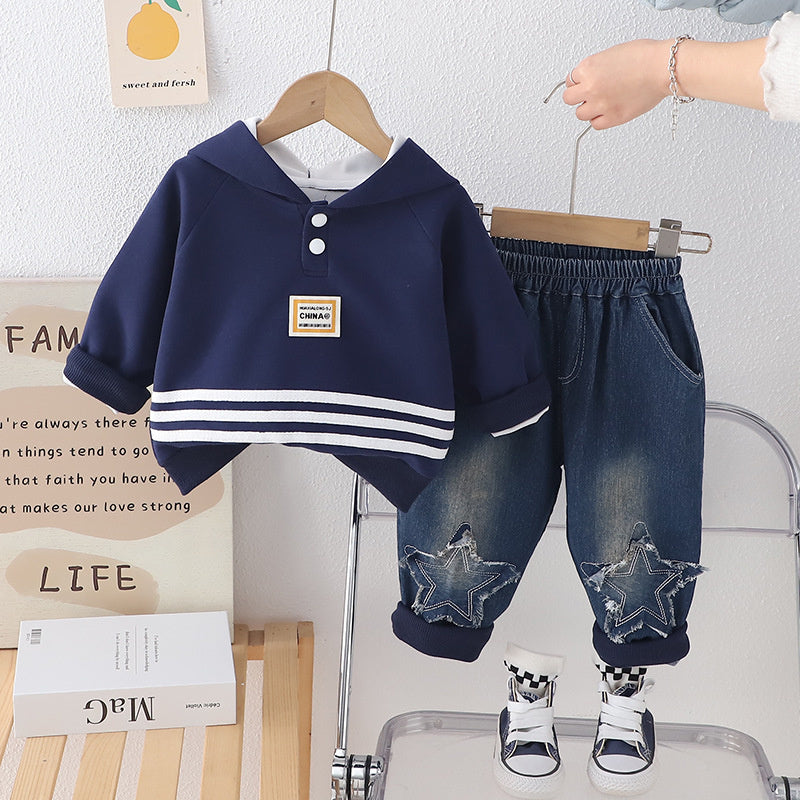Korean Style Boys' Sweatshirt and Autumn Baby Spring Fashionable Clothes Infant Children's Clothing Horn Zipper Two-Piece Set